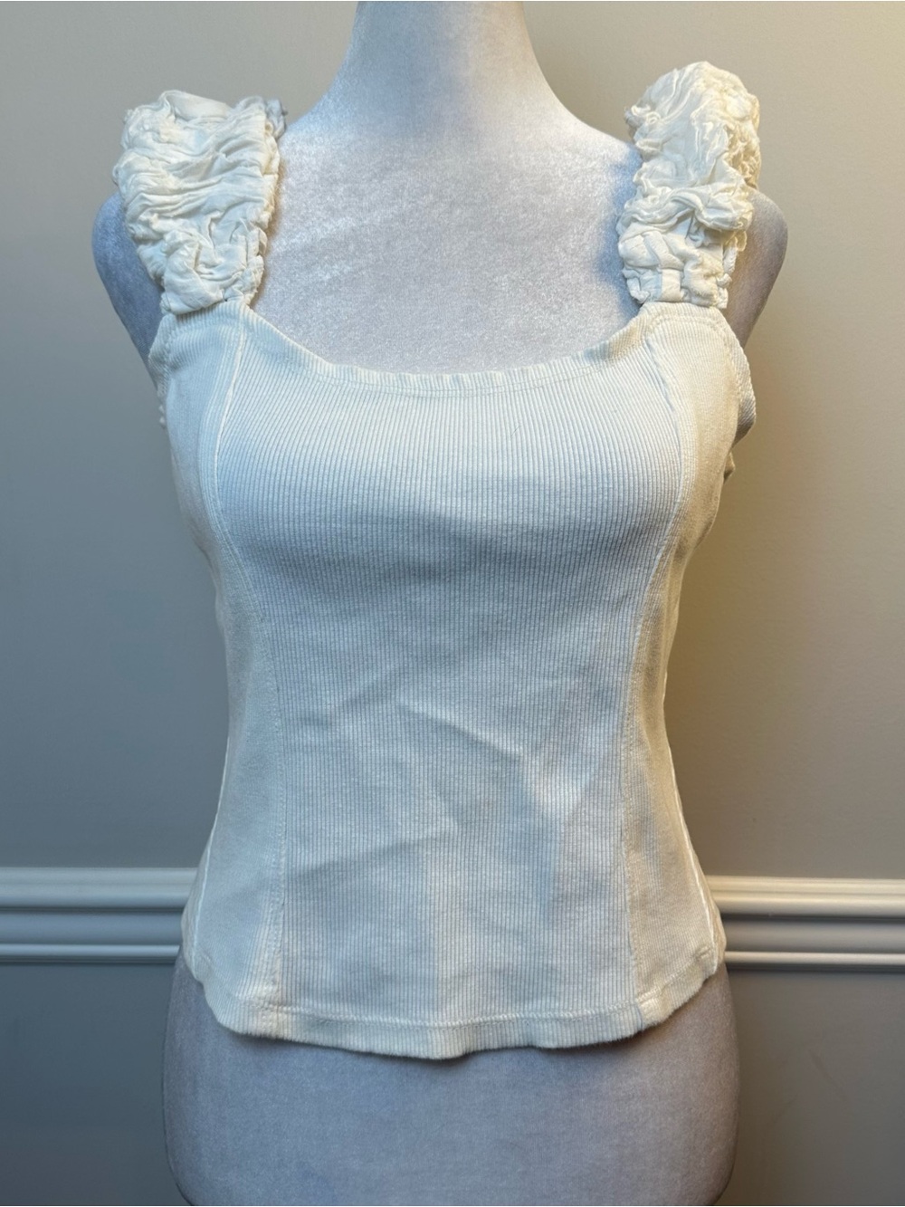 Anthropologie White Ribbed Tank with Ruffle Shoulder Straps M